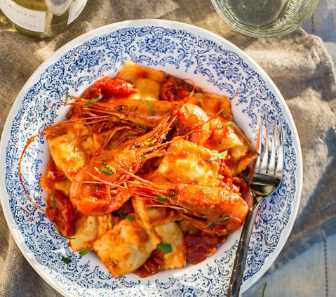 Spot Prawns with Duso’s Four Cheese Ravioli and Traditional Tomato Sauce