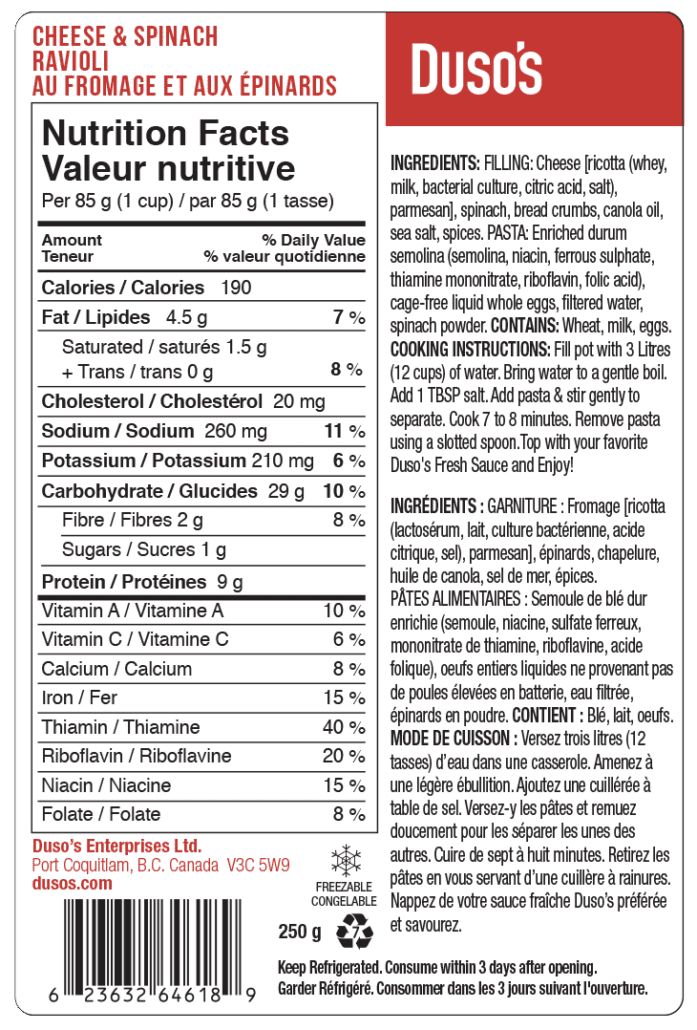 Cheese & Spinach Ravioli  ingredients