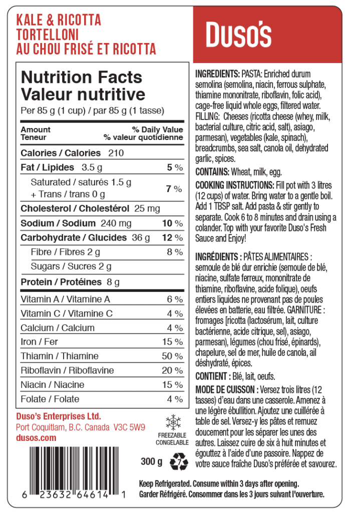 Kale & Ricotta Tortelloni  ingredients