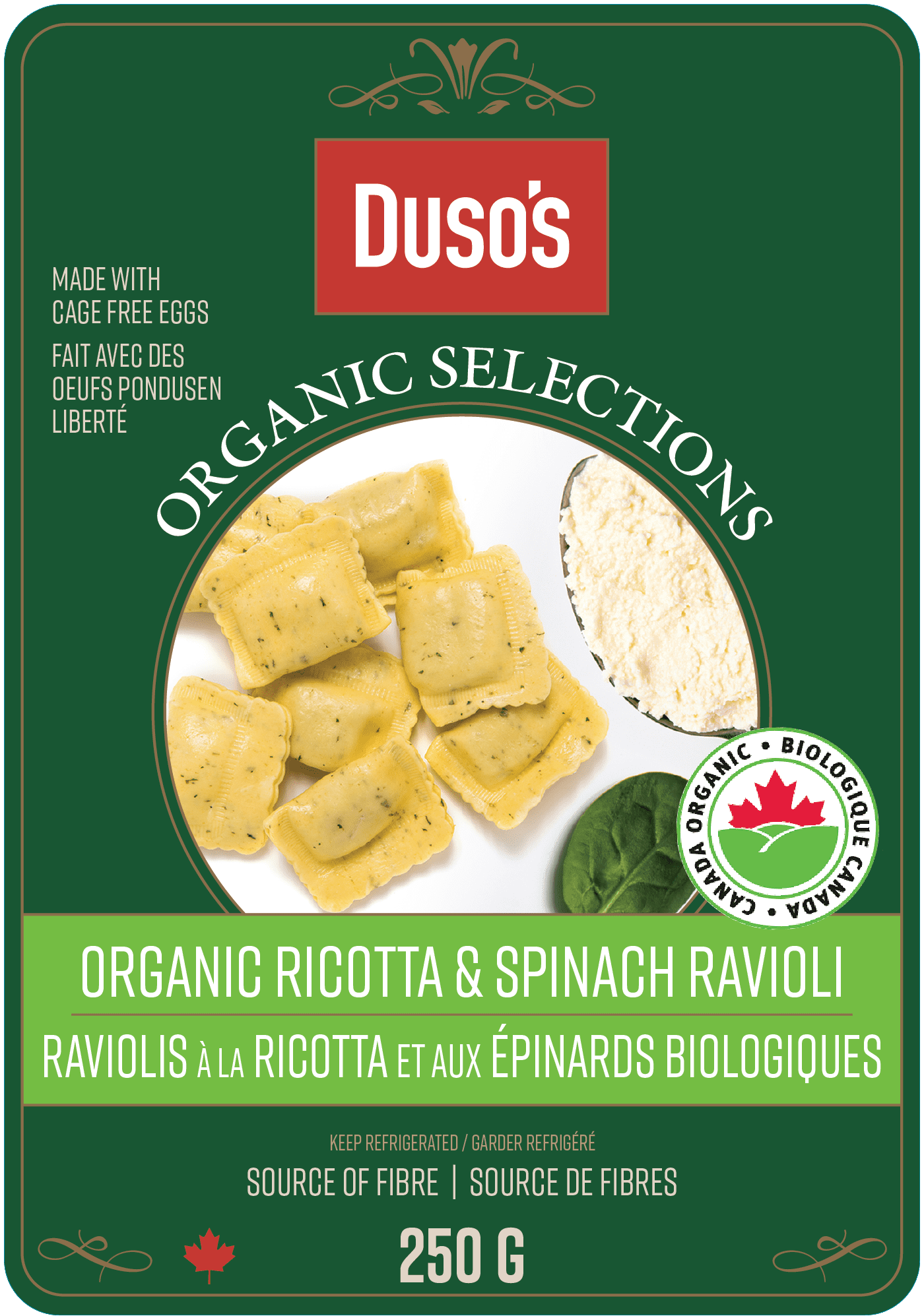 italian food organic ricotta and spinach ravioli package