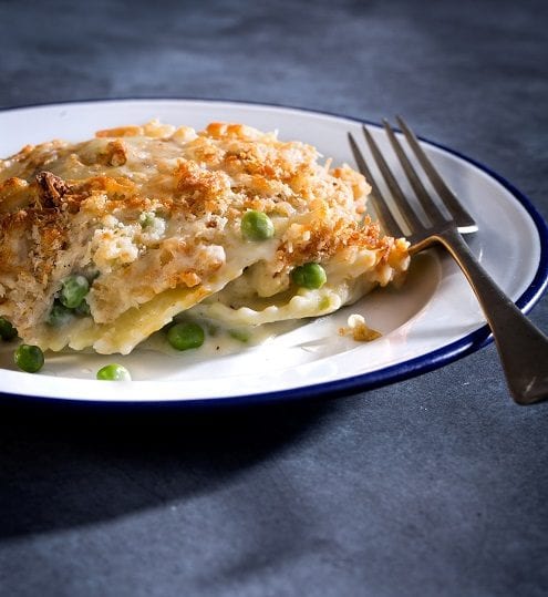 served gratin ravioli with veggies
