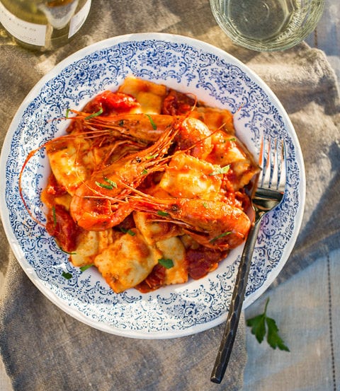 Spot Prawns with Duso’s Four Cheese Ravioli and Traditional Tomato Sauce